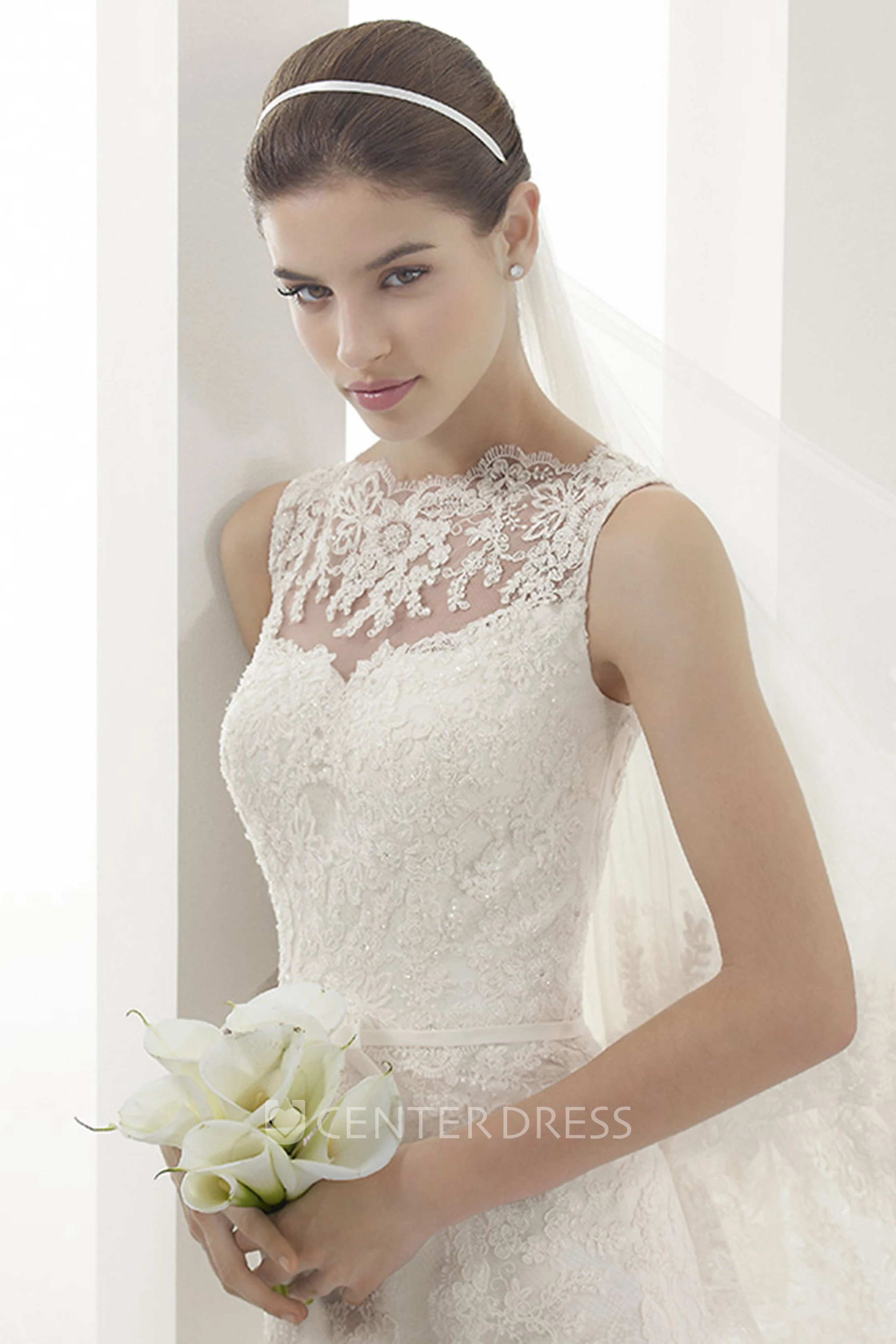 Illusion High Neck Lace Mermaid Gown With Belt And Pearl Details