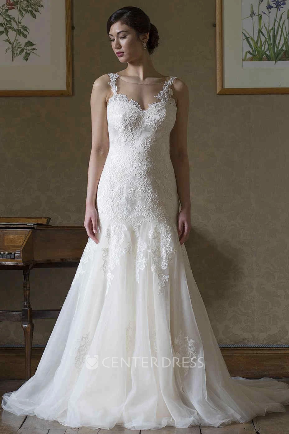 A-Line Scoop-Neck Sleeveless Appliqued Floor-Length Lace&Tulle Wedding Dress