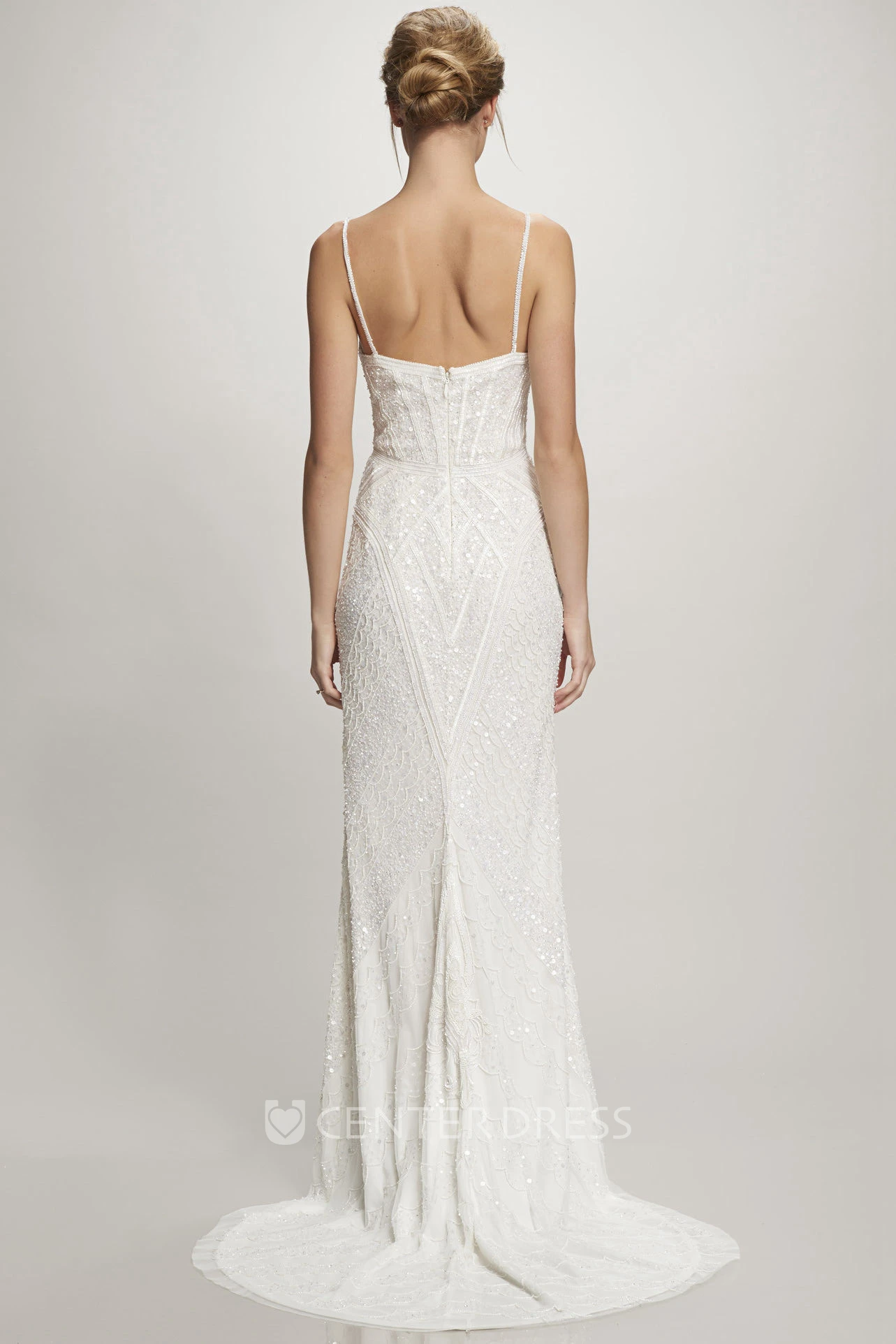Maxi Spaghetti Beaded Chiffon Wedding Dress With Sweep Train
