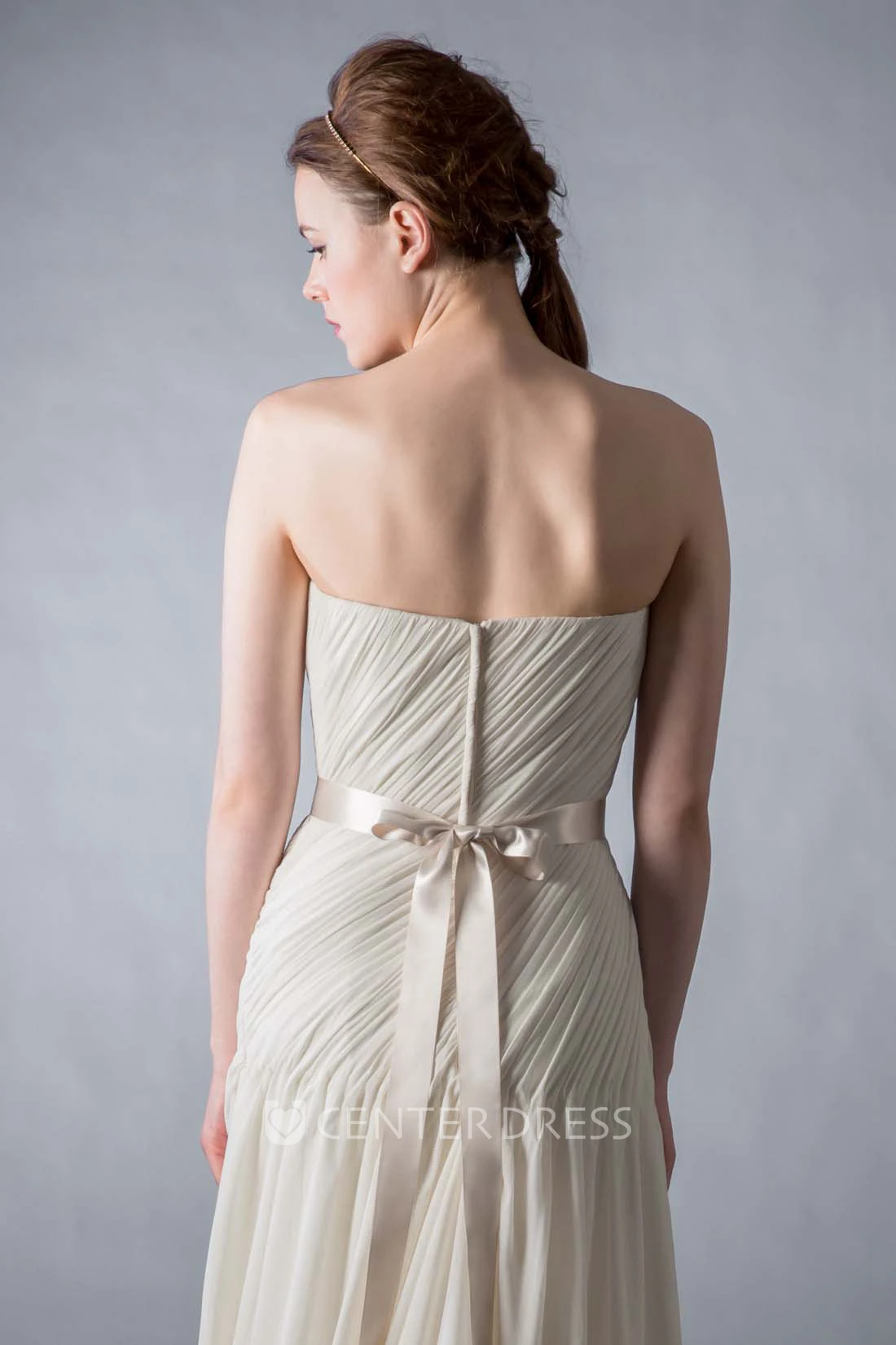 Maxi Strapless Bowed Ruched Chiffon Wedding Dress With Sweep Train