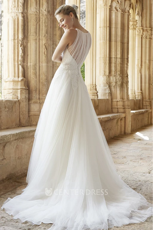 A-Line Appliqued Jewel Long Sleeveless Tulle Wedding Dress With Illusion Back And Ruffles
