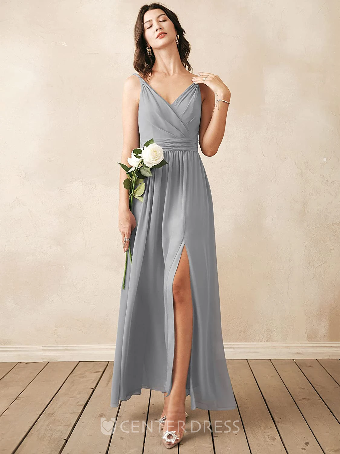 Sexy Chiffon Ankle-length V-neck A Line Sleeveless Bridesmaid Dress With Ruching
