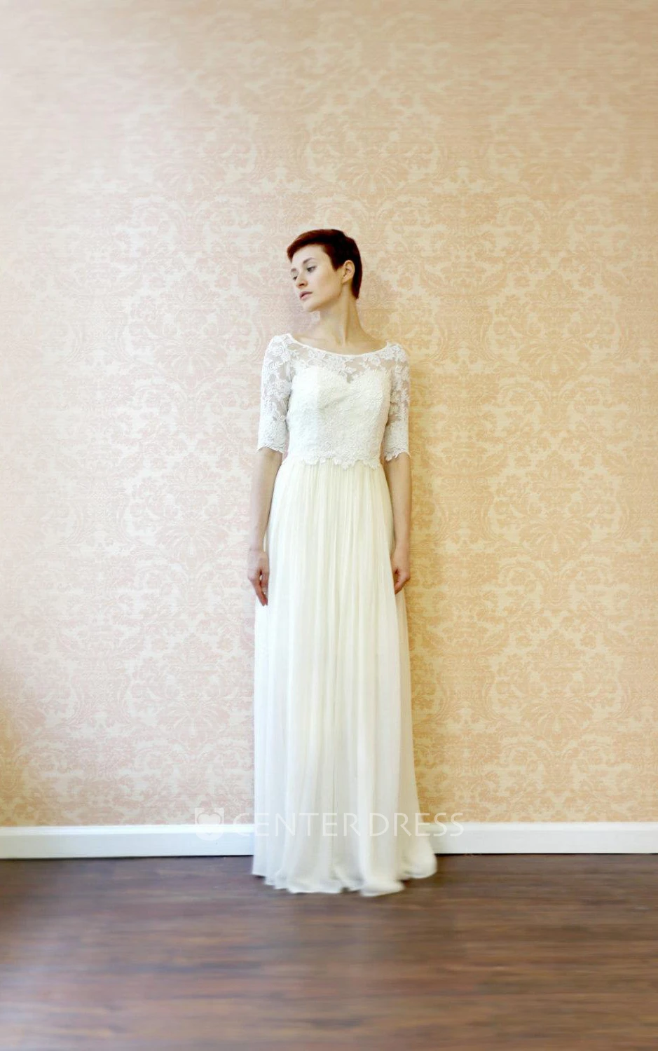 Button Back Sheath Chiffon Warm Wedding Dress With Lace And Pleats