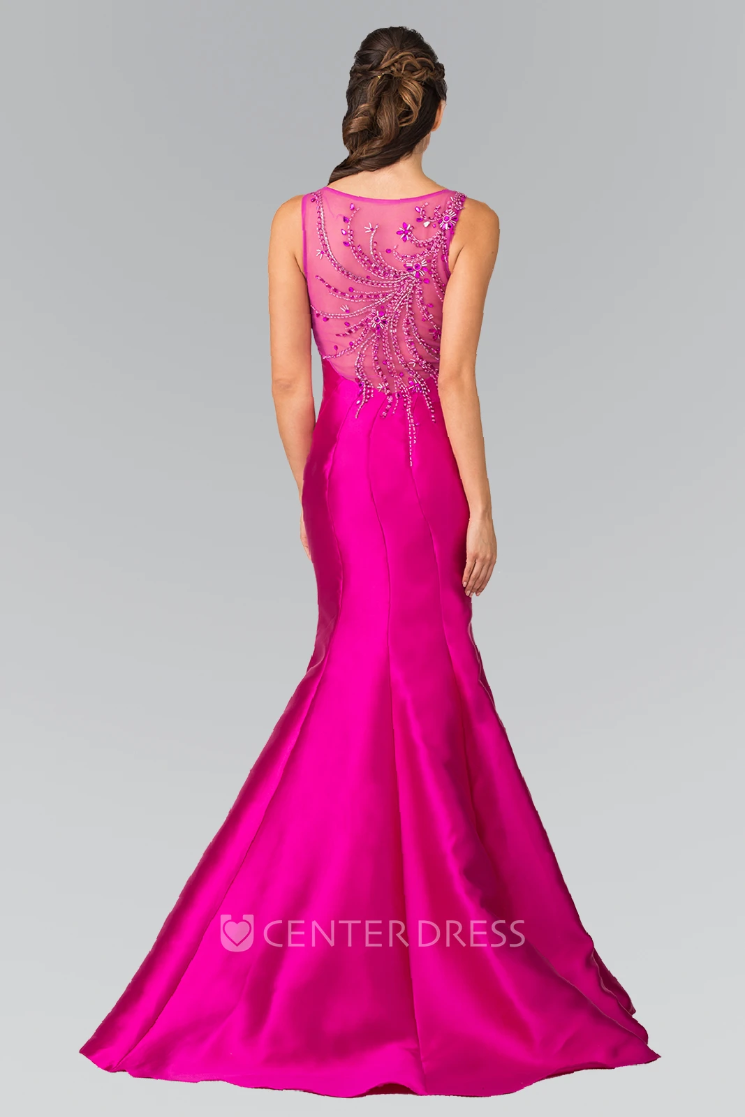 Mermaid Long V-Neck Sleeveless Satin Illusion Dress With Beading
