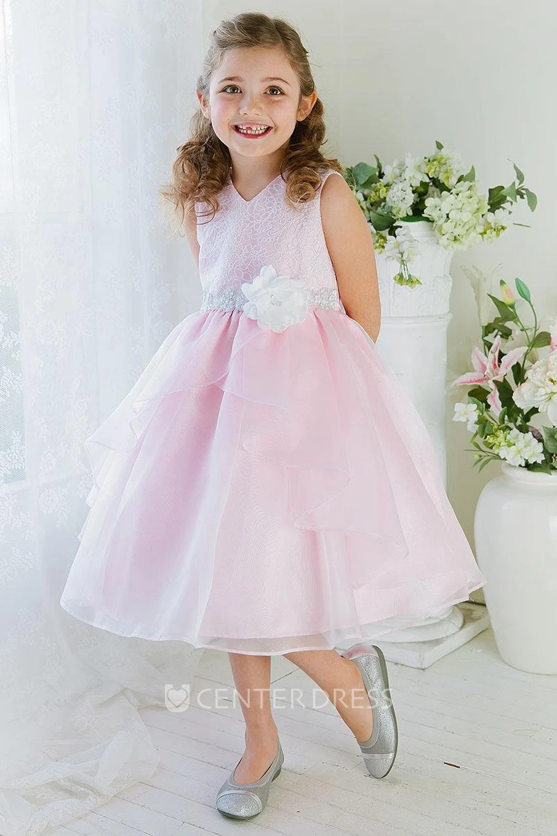 Embroideried Tea-Length Tiered Lace&Organza Flower Girl Dress