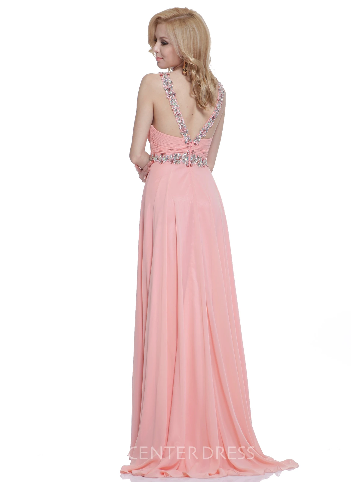 A-Line Long Scoop-Neck Sleeveless Chiffon Straps Dress With Ruching And Beading