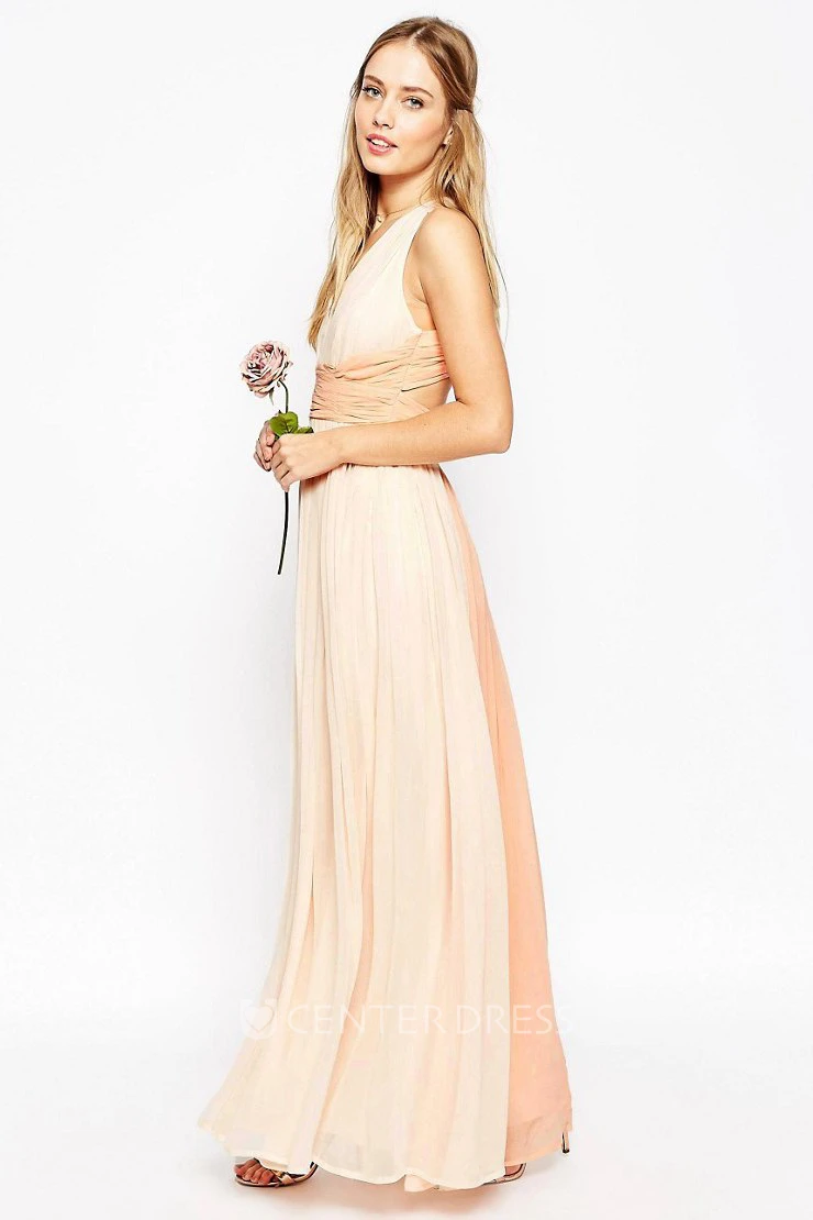 V-Neck Pleated Sleeveless Chiffon Bridesmaid Dress With Straps