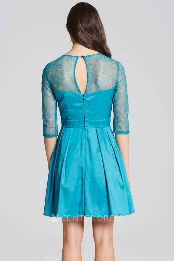 Short Illusion Sleeve Appliqued Scoop Neck Satin Bridesmaid Dress With Keyhole
