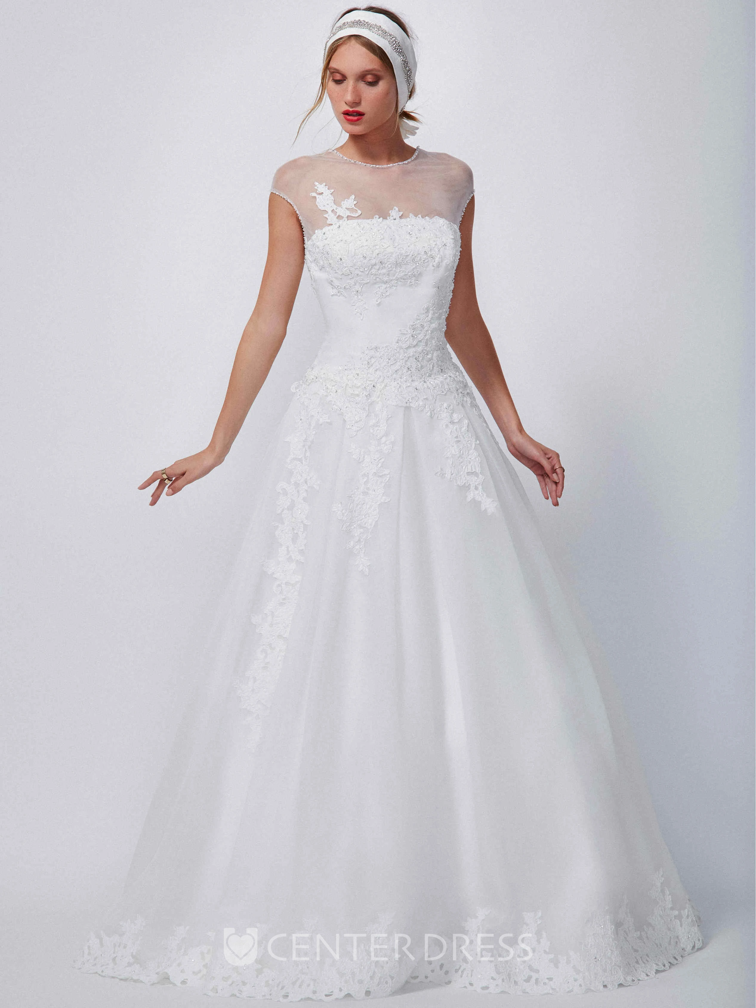 A-Line Appliqued High-Neck Floor-Length Cap-Sleeve Organza Wedding Dress