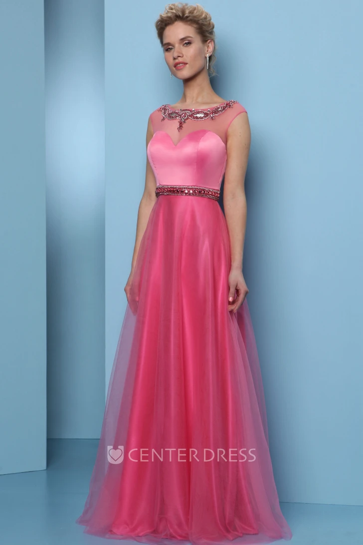 A-Line Scoop-Neck Sleeveless Long Beaded Tulle&Satin Prom Dress With Waist Jewellery