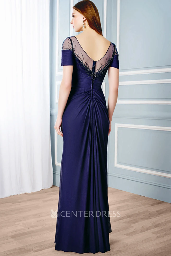 A-Line Bateau Short-Sleeve Beaded Maxi Chiffon Formal Dress With Low-V Back And Ruching