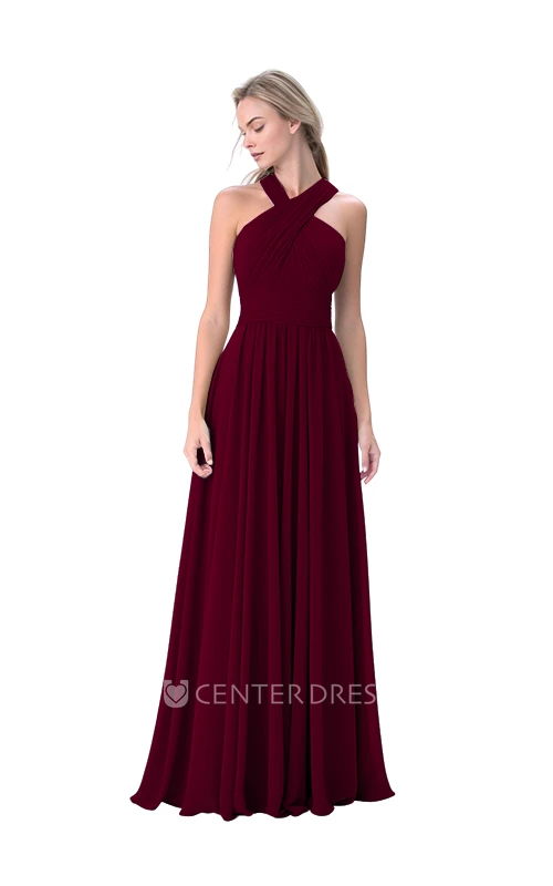 Beautiful Chiffon A-Line Halter Neck Bridesmaid Dress with Ruching Unique Prom Dress