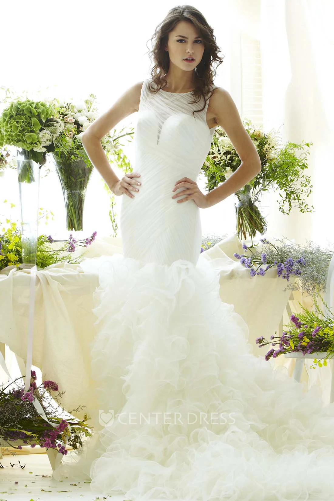 Trumpet Scoop Sleeveless Long Ruffled Tulle Wedding Dress With Illusion Back And Ruching