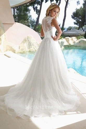 A-Line Queen Anne Tulle Wedding Dress With Illusion