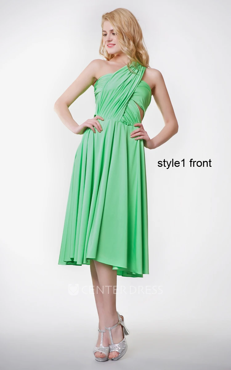 Convertible Ruched One Shoulder Knee-length Jersey Dress With Pleats