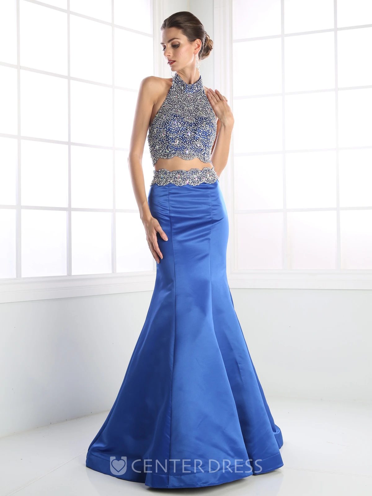 Two-Piece Trumpet High Neck Sleeveless Satin Backless Dress With Beading