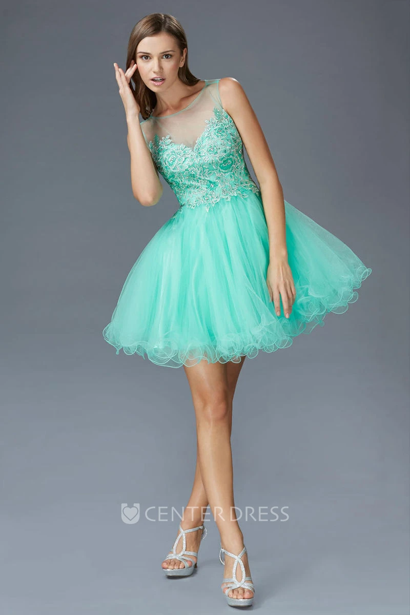 A-Line Short Scoop-Neck Sleeveless Tulle Illusion Dress With Appliques And Ruffles