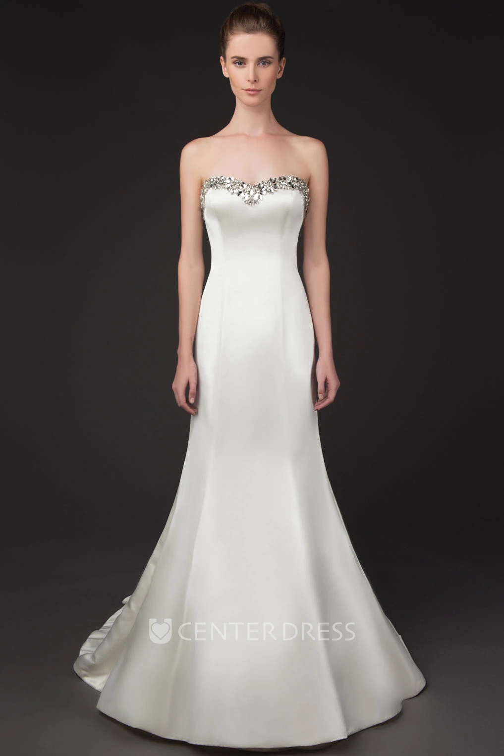 Maxi Sleeveless Crystal Sweetheart Satin Wedding Dress With Court Train