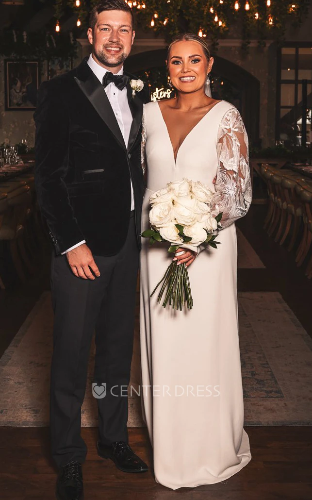 Spring Lace Long Sleeve Plunging Neckline Sheath Elegant Wedding Dress Floor-length