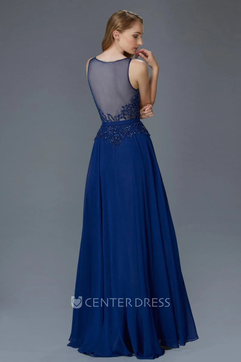 A-Line Long Scoop-Neck Sleeveless Chiffon Illusion Dress With Beading And Pleats