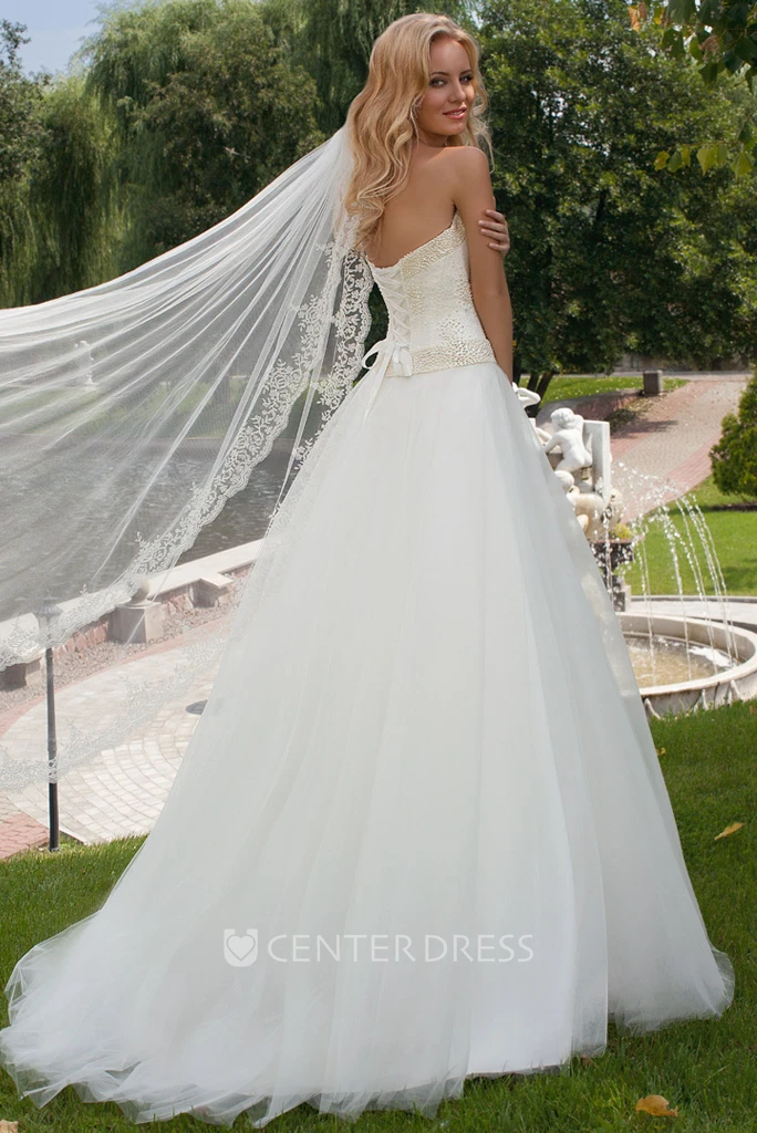Floor-Length Sweetheart Beaded Tulle Wedding Dress With Brush Train And Lace Up