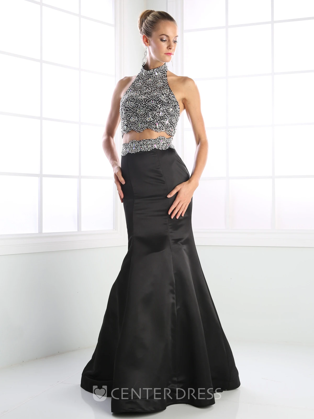 Two-Piece Trumpet High Neck Sleeveless Satin Backless Dress With Beading
