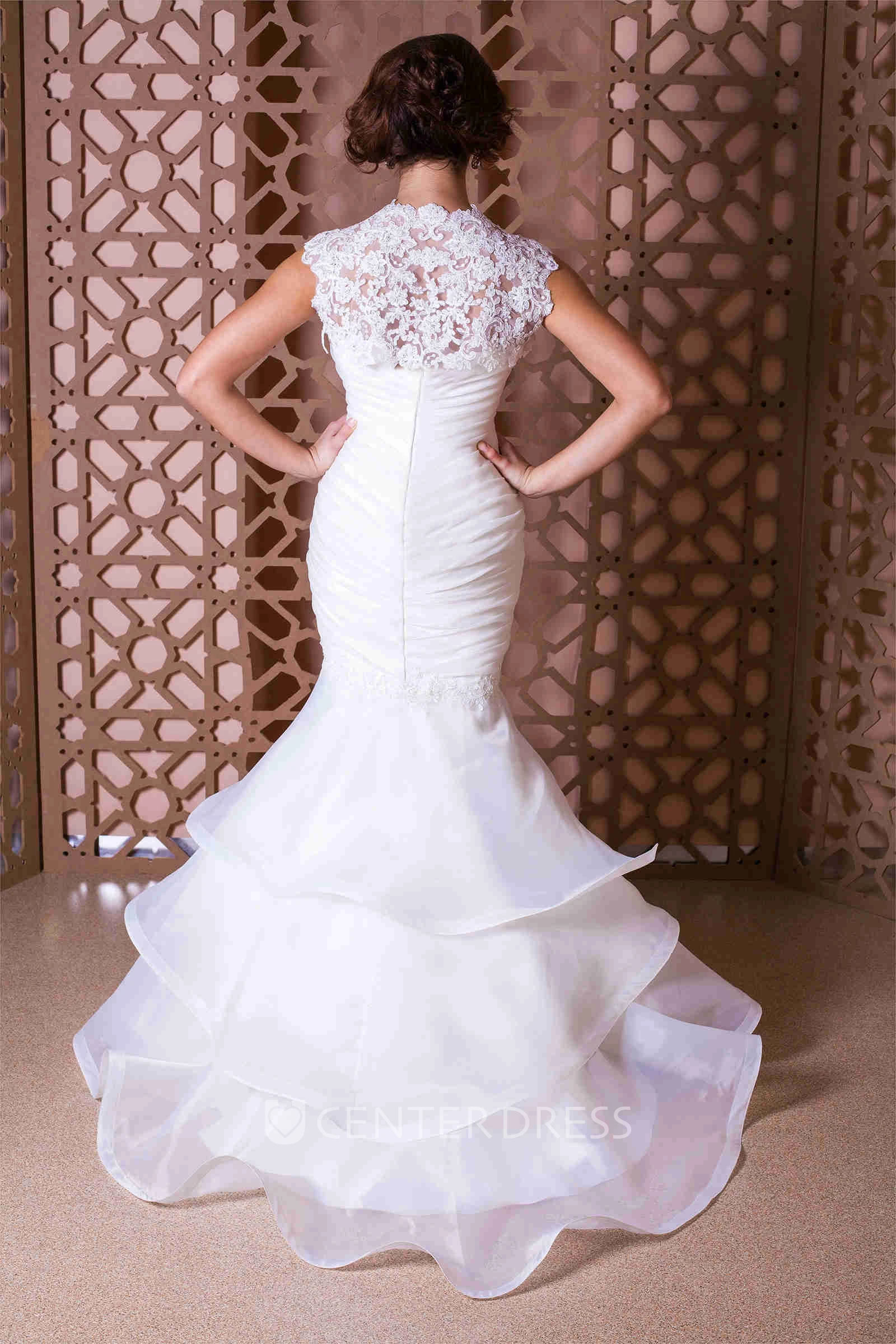 Mermaid Appliqued Cap-Sleeve Floor-Length Organza Wedding Dress With Ruching And Tiers