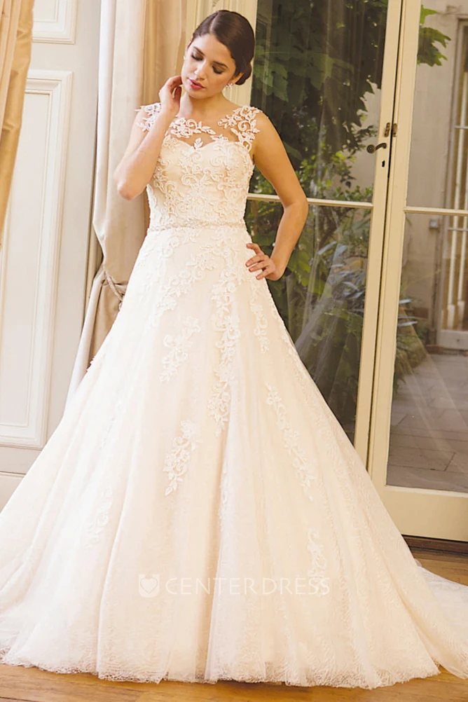 Ball-Gown Appliqued Scoop Sleeveless Long Lace Wedding Dress With Waist Jewellery