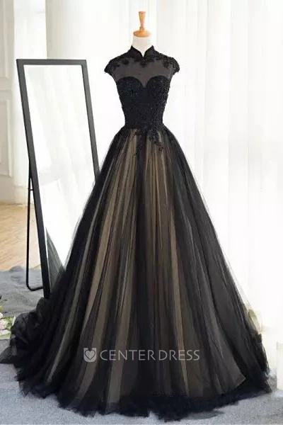 Short Sleeve A-Line High Neck Lace Tulle Floor-length Court Train Wedding Dress with Appliques and Pleats