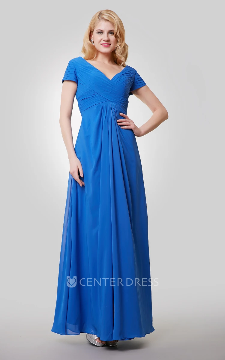 V-Neck A-Line Short Sleeve Chiffon Bridesmaid Dress With Crisscross Ruching