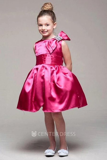 Knee-Length Sleeveless Bowed Satin Flower Girl Dress