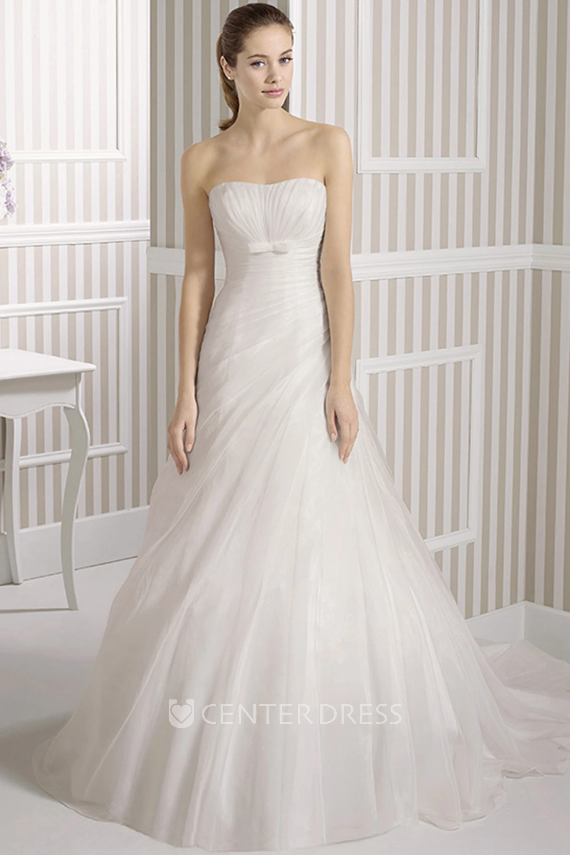 A-Line Sleeveless Strapless Floor-Length Side-Draped Tulle Wedding Dress With Cape