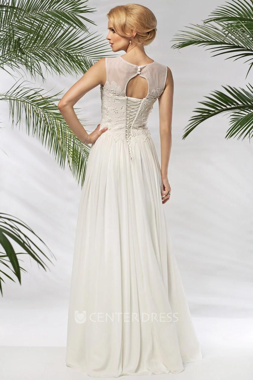 A-Line Sleeveless Scoop-Neck Appliqued Floor-Length Chiffon Wedding Dress With Pleats