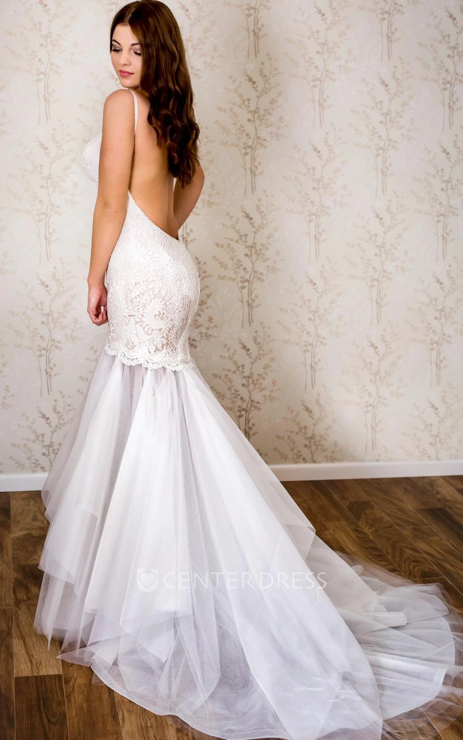 Spaghetti Strap Lace and Tulle Mermaid Wedding Dress