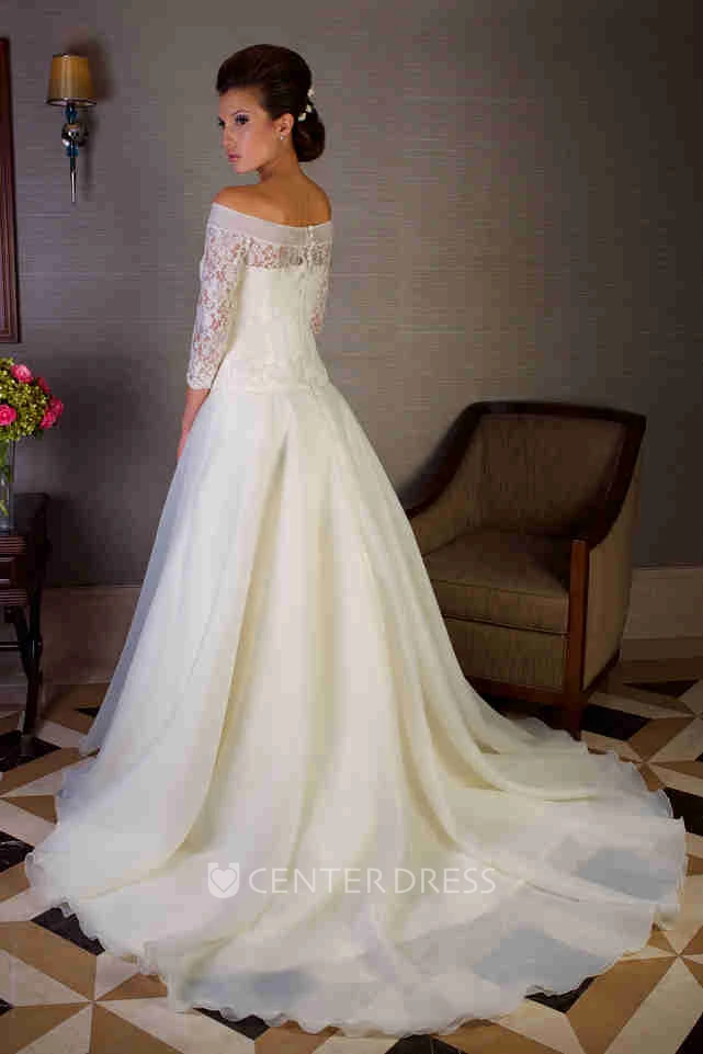A-Line Off-The-Shoulder Long-Sleeve Long Organza Wedding Dress With Appliques And Illusion