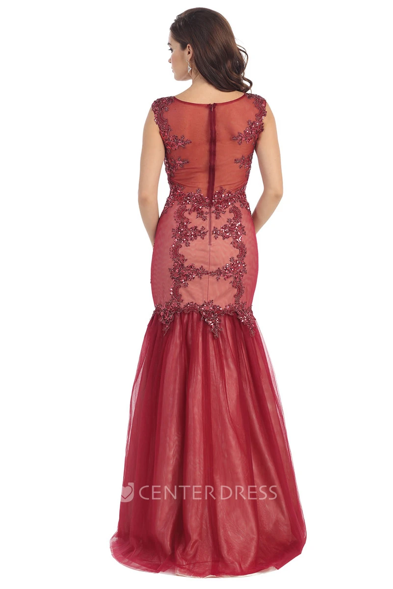 Trumpet Bateau Sleeveless Tulle Illusion Dress With Appliques And Sequins