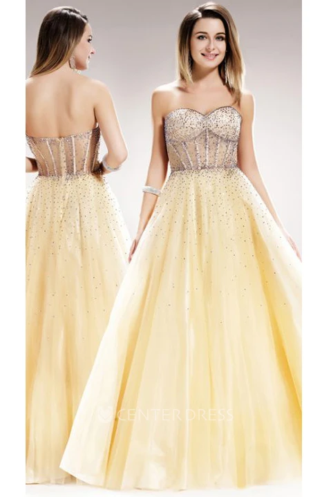 A-Line Long Sweetheart Sleeveless Satin Backless Dress With Beading