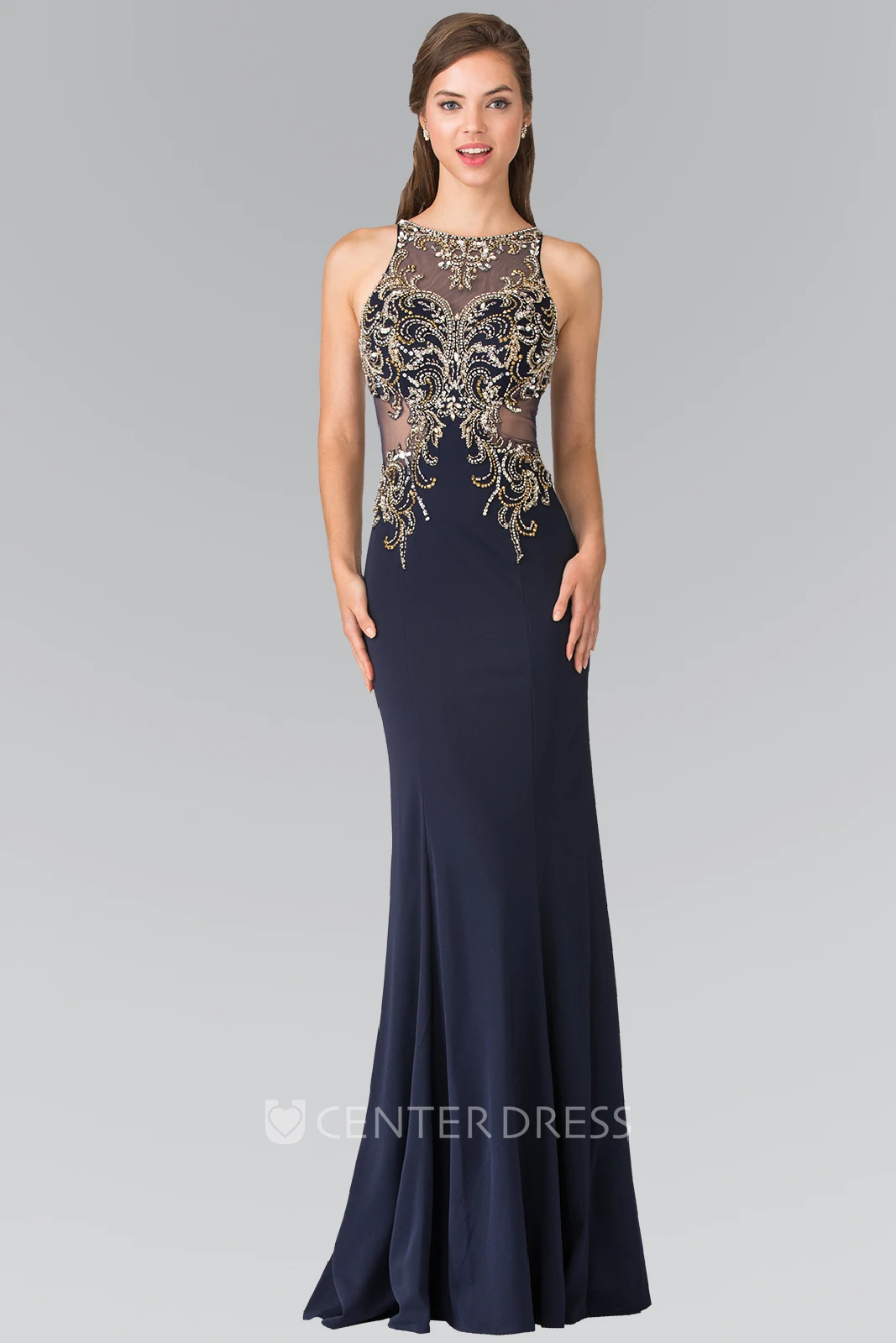 Sheath Bateau Sleeveless Jersey Illusion Dress With Beading And Pleats