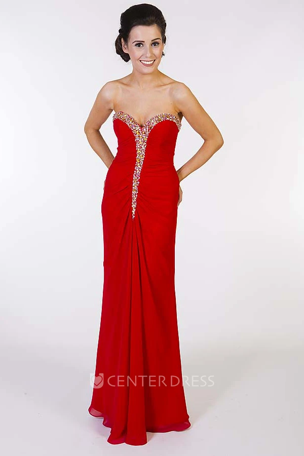 Sheath Floor-Length Beaded Sleeveless Sweetheart Chiffon Prom Dress With Low-V Back And Draping
