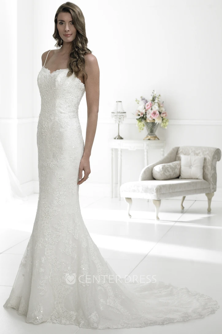 Sheath Appliqued Spaghetti Sleeveless Lace Wedding Dress