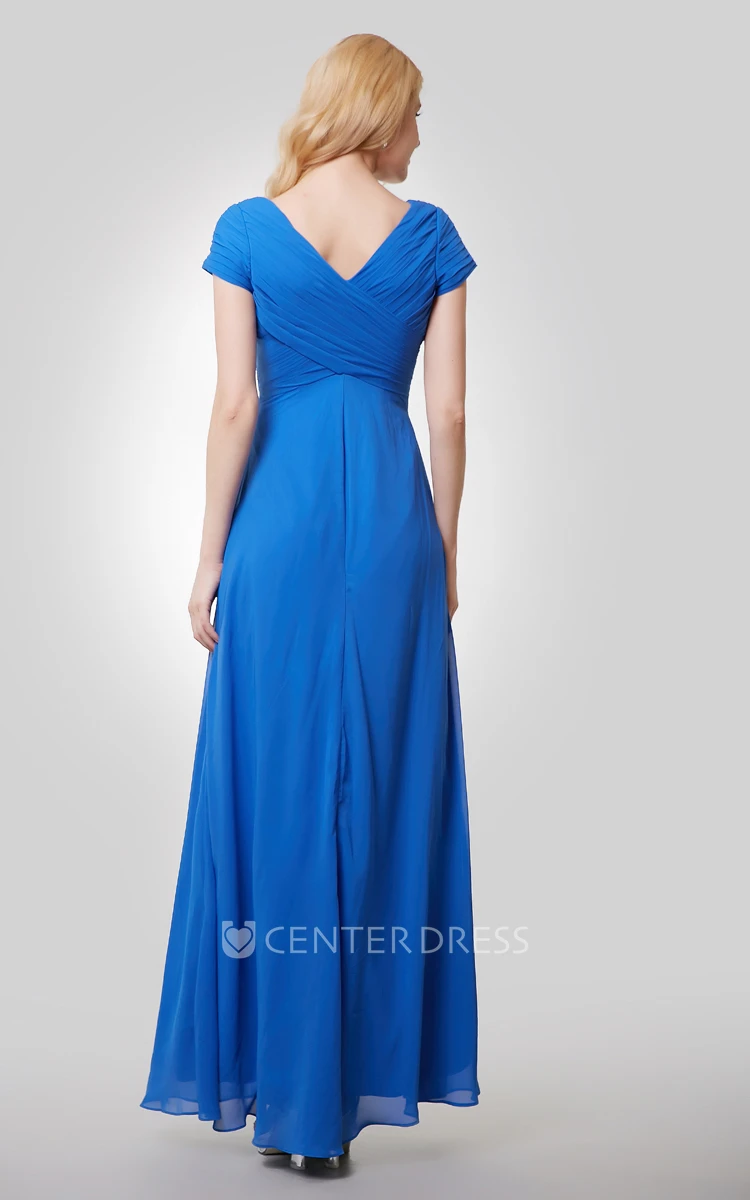 V-Neck A-Line Short Sleeve Chiffon Bridesmaid Dress With Crisscross Ruching