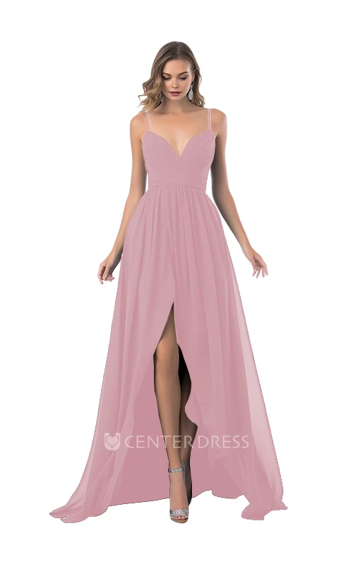Romantic Chiffon A-Line Spaghetti Bridesmaid Dress with Front Split Elegant Wedding Dress 2026