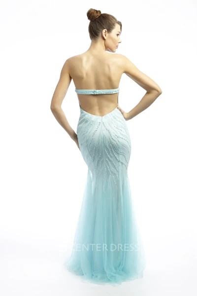 Mermaid Sweetheart Sleeveless Maxi Beaded Tulle Prom Dress