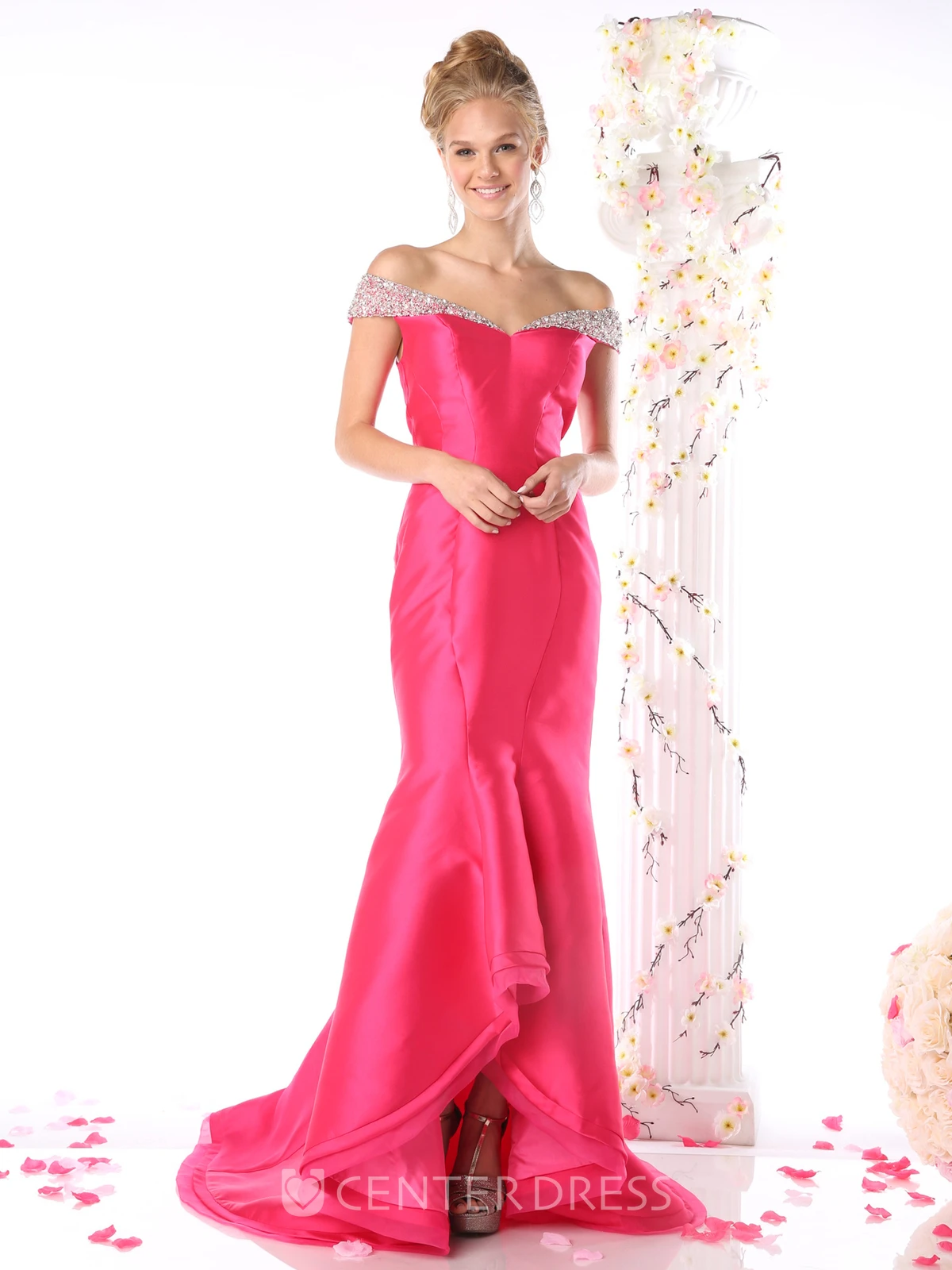Trumpet Floor-Length Off-The-Shoulder Satin Zipper Dress With Beading