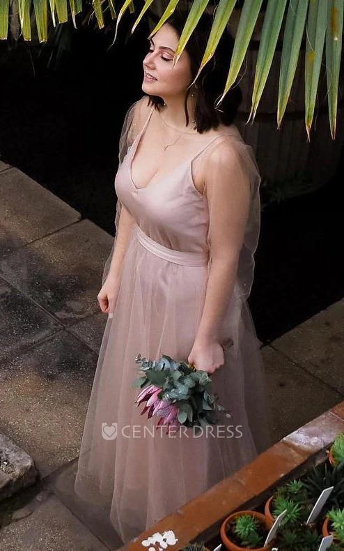 Elegant A-Line Satin Tulle Prom Dress With Long Sleeve And Spaghetti Straps