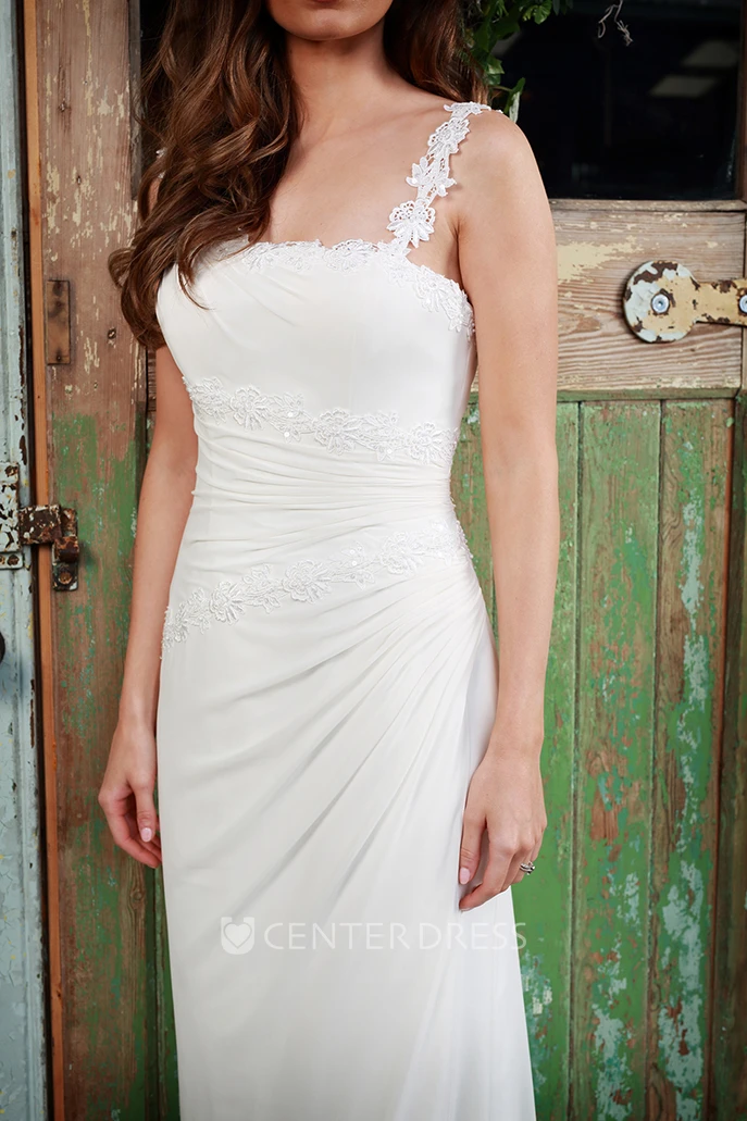 Sheath Draped Floor-Length Spaghetti Chiffon Wedding Dress With Appliques And Brush Train
