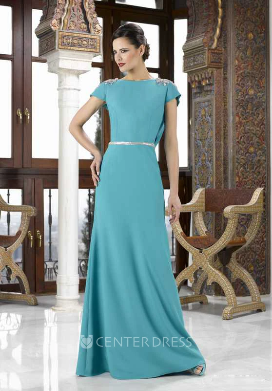 Maxi Beaded Cap Sleeve Jewel Neck Jersey Mother Of The Bride Dress
