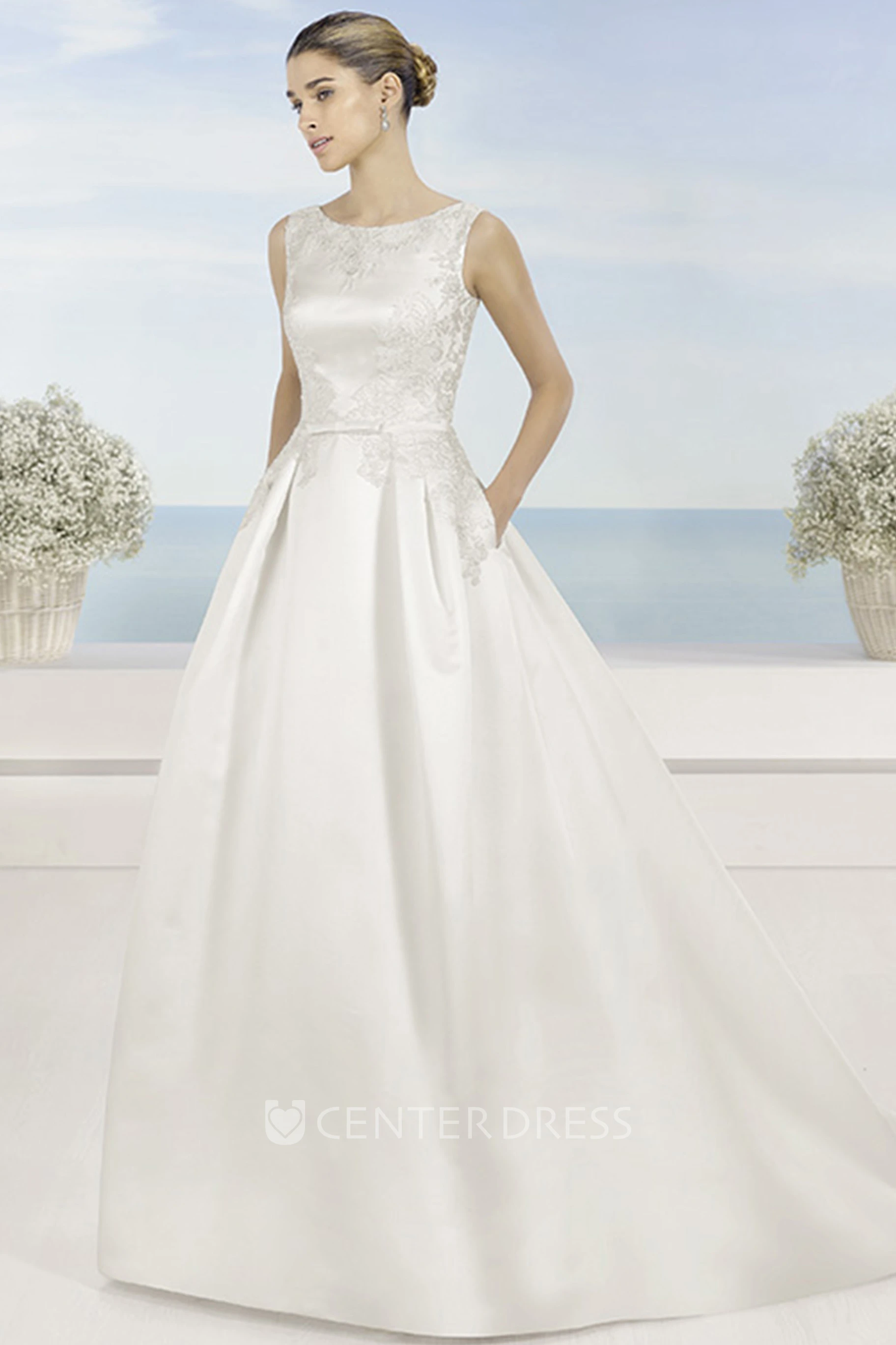 Scoop Long Appliqued Satin Wedding Dress With Sweep Train And V Back