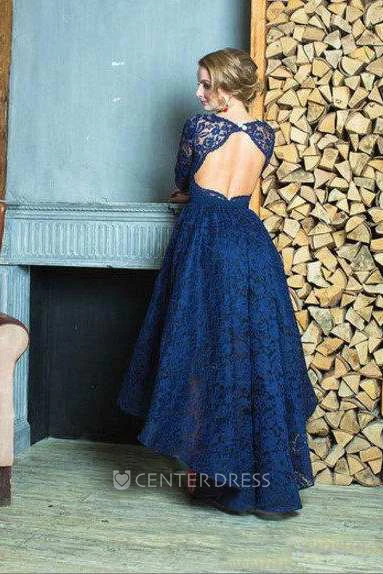 3-4 Sleeve High Neck High Low Lace Dress With Keyhole Back