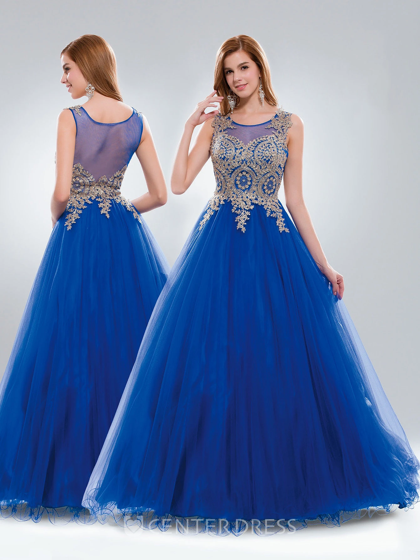 Ball Gown Long Scoop-Neck Sleeveless Tulle Illusion Dress With Appliques And Ruffles